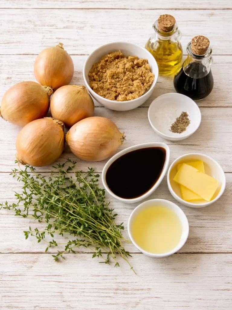 Top-down view of caramelised onion jam ingredients on a white timber surface, including whole brown onions, fresh thyme, brown sugar, balsamic vinegar, oil, butter, salt and pepper in small bowls under soft natural light.