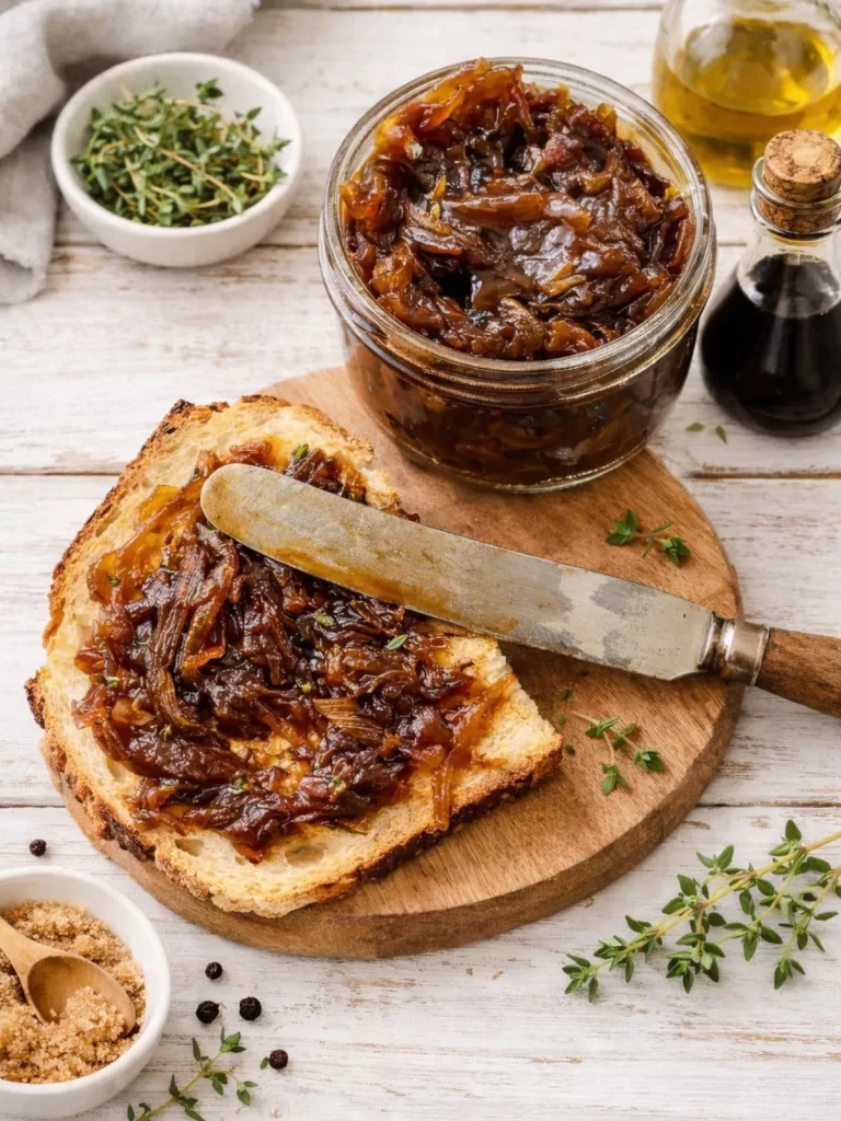 Caramelised onion jam in a glass jar with thyme, served on toasted bread on a white timber table, styled with balsamic vinegar and olive oil in soft natural light.