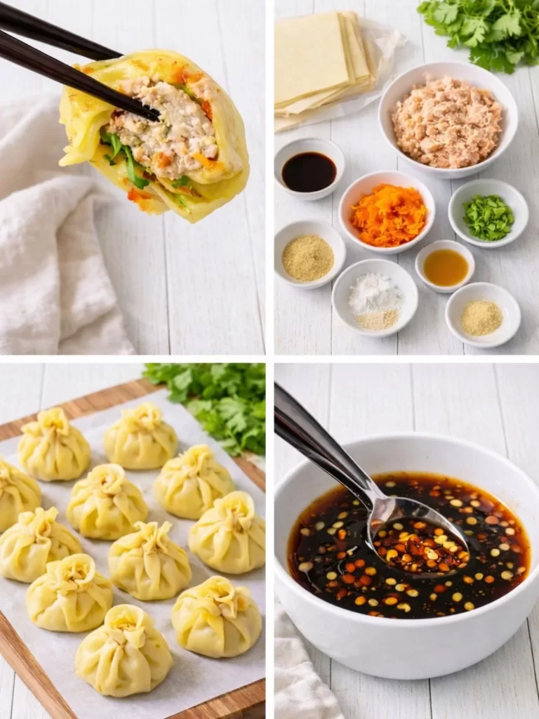 Overhead grid of four photos on a white timber background showing chicken wonton dumplings: one lifted with chopsticks to reveal the filling, one with ingredients and wrappers laid out, one of neatly folded raw dumplings on a tray, and one of a soy-chilli dipping sauce with sesame and chilli flakes.