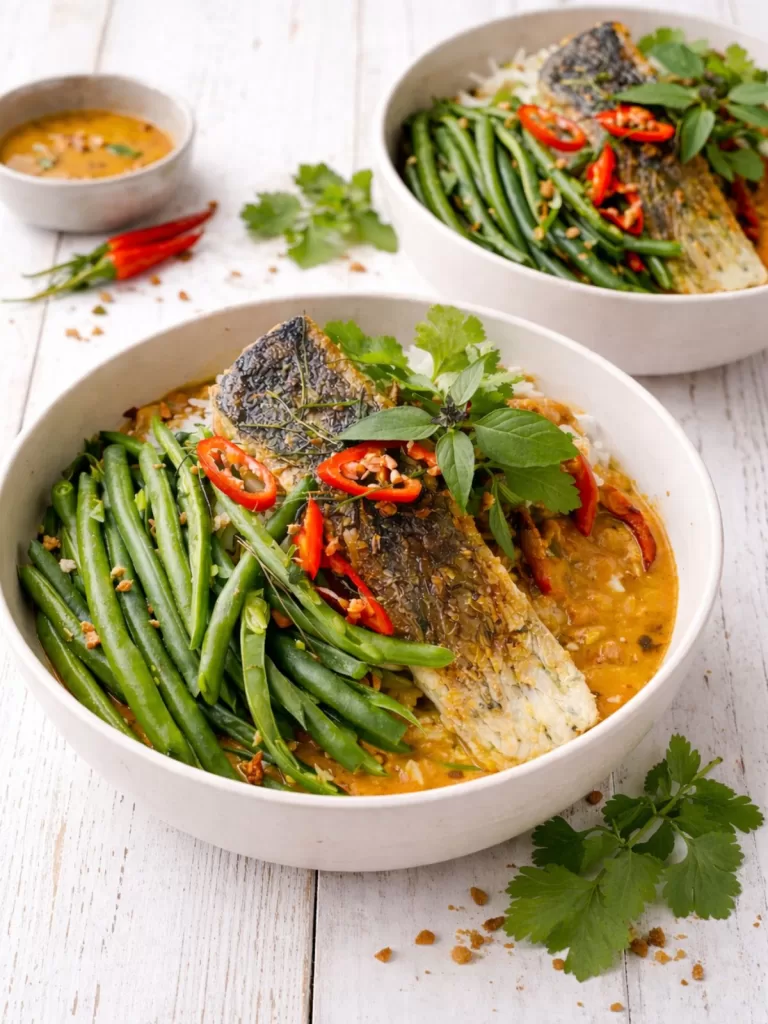 Crispy skin barramundi served over jasmine rice with Thai panang curry sauce, topped with green beans, red chilli, fried shallots and Thai basil and coriander in a white bowl.