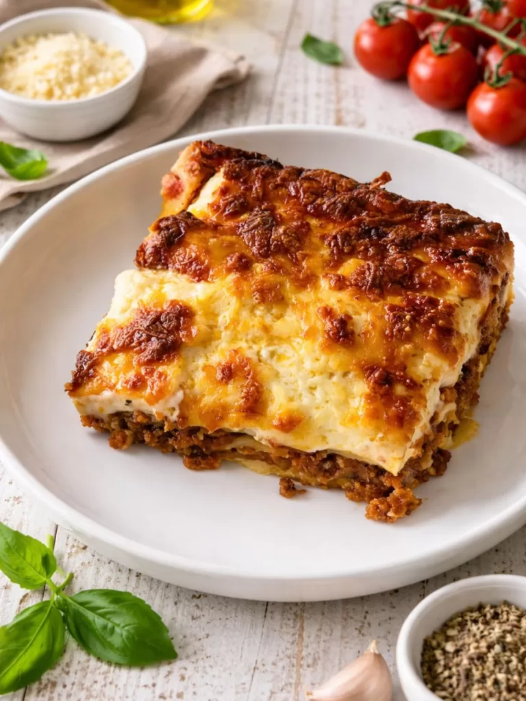 Close-up of a thick slice of homemade lasagna with golden, bubbly cheese on top, served on a white plate on a white timber table, with basil, cherry tomatoes, garlic and olive oil softly blurred in the background.