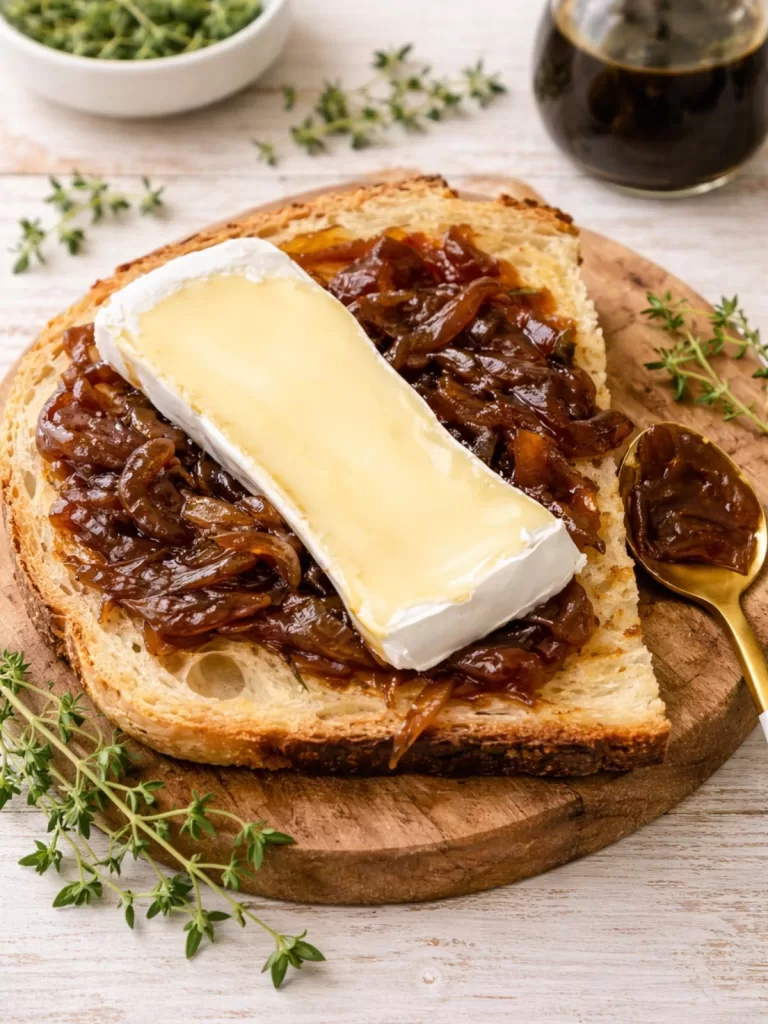 Toast topped with caramelised onion jam and a wedge of brie cheese on a white timber table, styled with thyme and a spoon of onion jam in soft natural light.