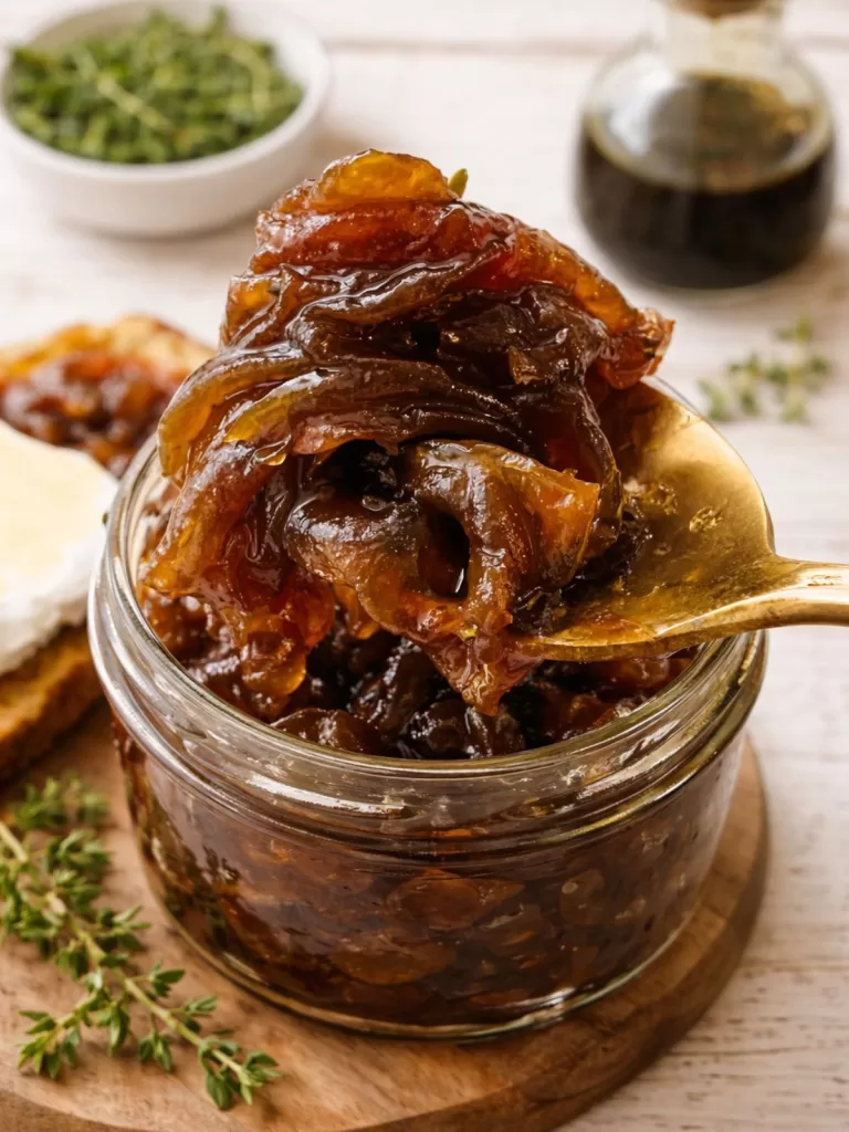 Spoon lifting glossy caramelised onion jam with balsamic from a glass jar on a white timber surface, styled with thyme and bread in soft natural light.