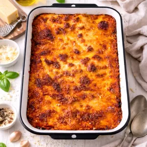 Overhead hero shot of a baked lasagna with a golden, bubbly cheese top in a white enamel dish, styled on a bright white timber surface with basil leaves, tomatoes, garlic, grated cheese, olive oil, and linen in soft natural light.
