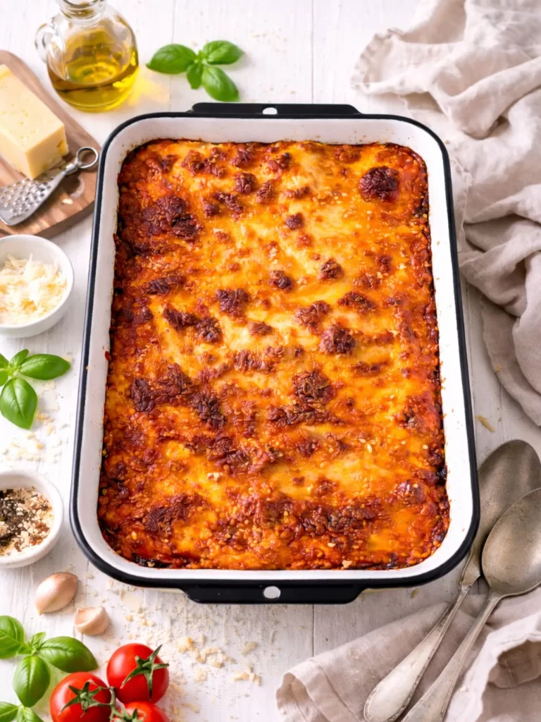 Overhead hero shot of a baked lasagna with a golden, bubbly cheese top in a white enamel dish, styled on a bright white timber surface with basil leaves, tomatoes, garlic, grated cheese, olive oil, and linen in soft natural light.