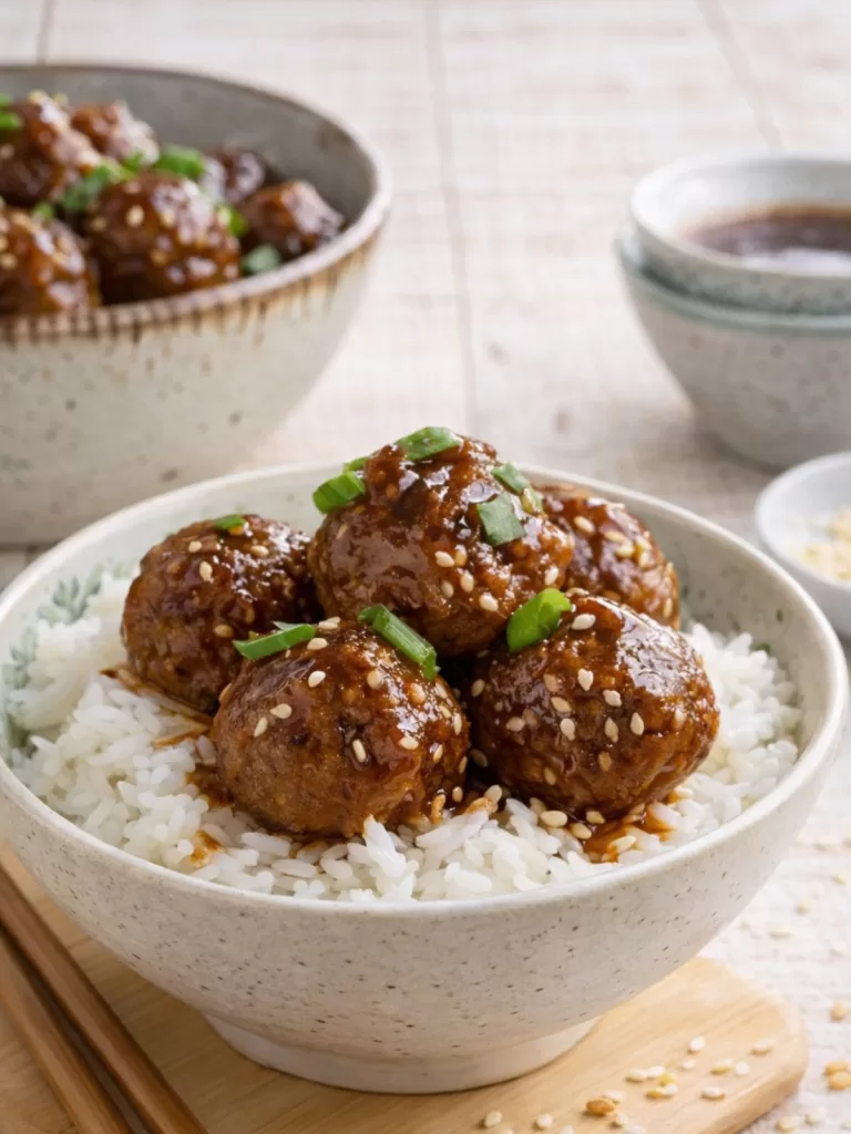 Sticky Asian meatballs with sauce served over rice