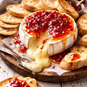 Baked brie with chilli jam on a white timber background with melted gooey cheese and toasted baguette slices