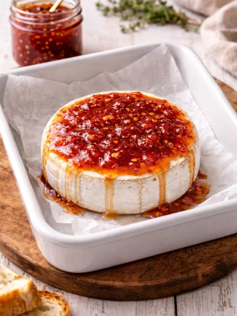 Baked brie topped with homemade chilli jam in a lined white baking dish with jam slightly dripping down the sides