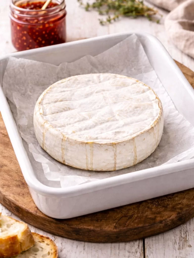 wheel of brie in a lined baking dish.