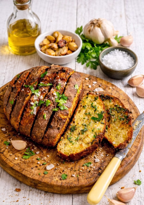 Brown butter garlic bread sliced on a wooden board with roasted garlic and flaky salt on a white timber background