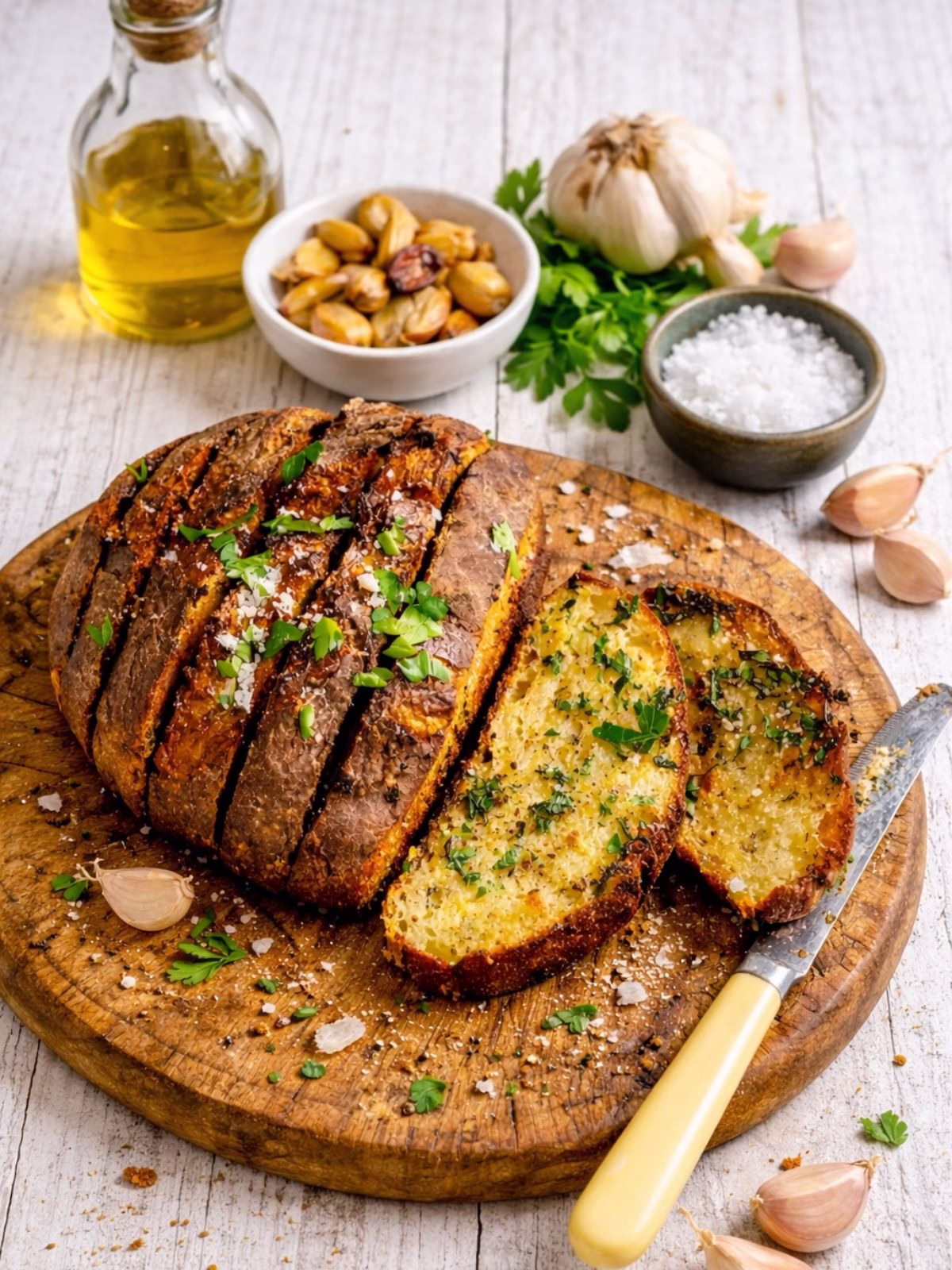 Brown butter garlic bread sliced on a wooden board with roasted garlic and flaky salt on a white timber background