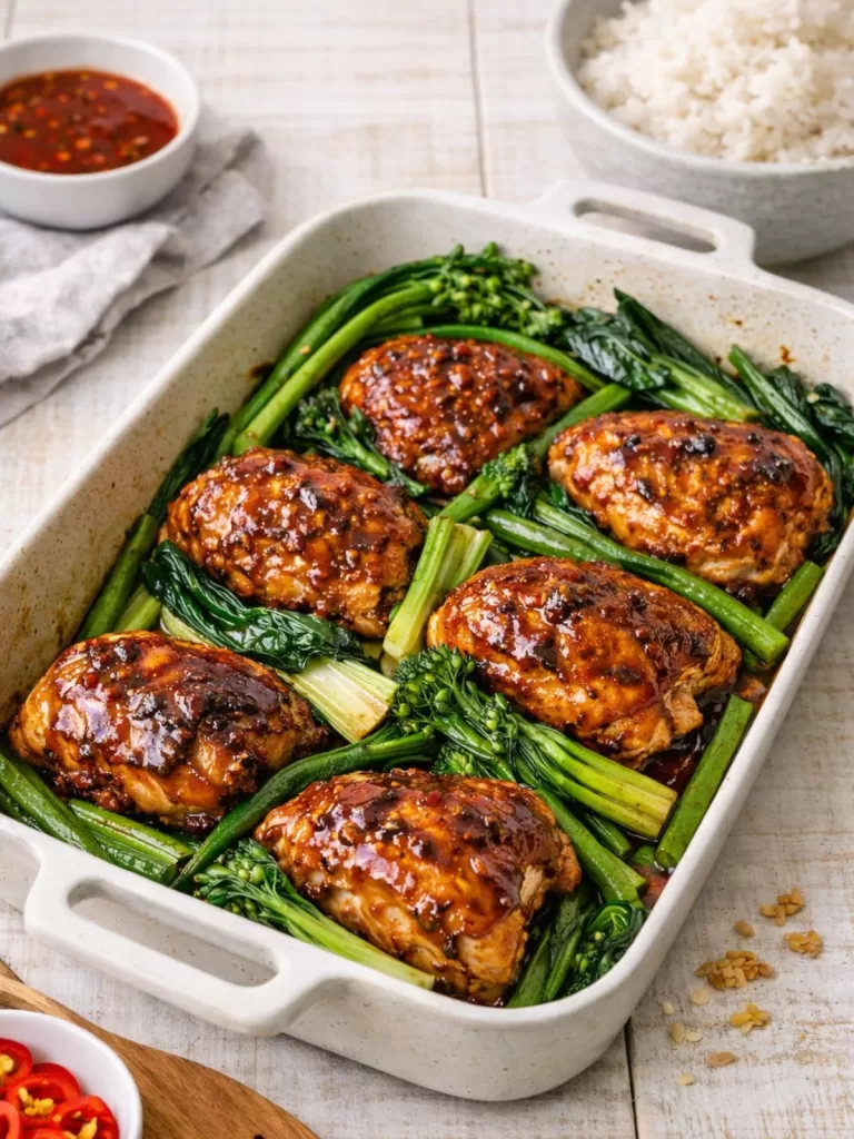 white baking dish with sweet chilli chicken and vegetables on white background, rice and chilies.