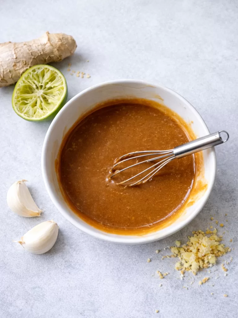 Creamy peanut dressing in a white bowl with a whisk, surrounded by lime, garlic and fresh ginger on a light grey background.