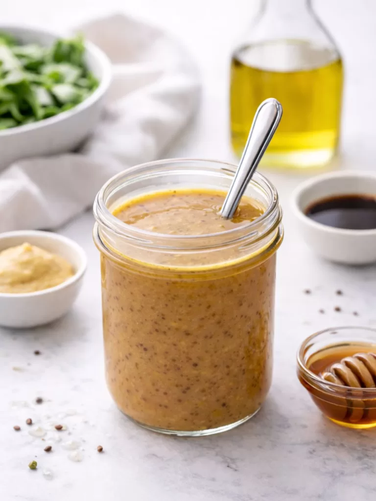 Jar of homemade honey mustard dressing with visible mustard seeds, served with Dijon mustard, soy sauce and honey on a light marble surface