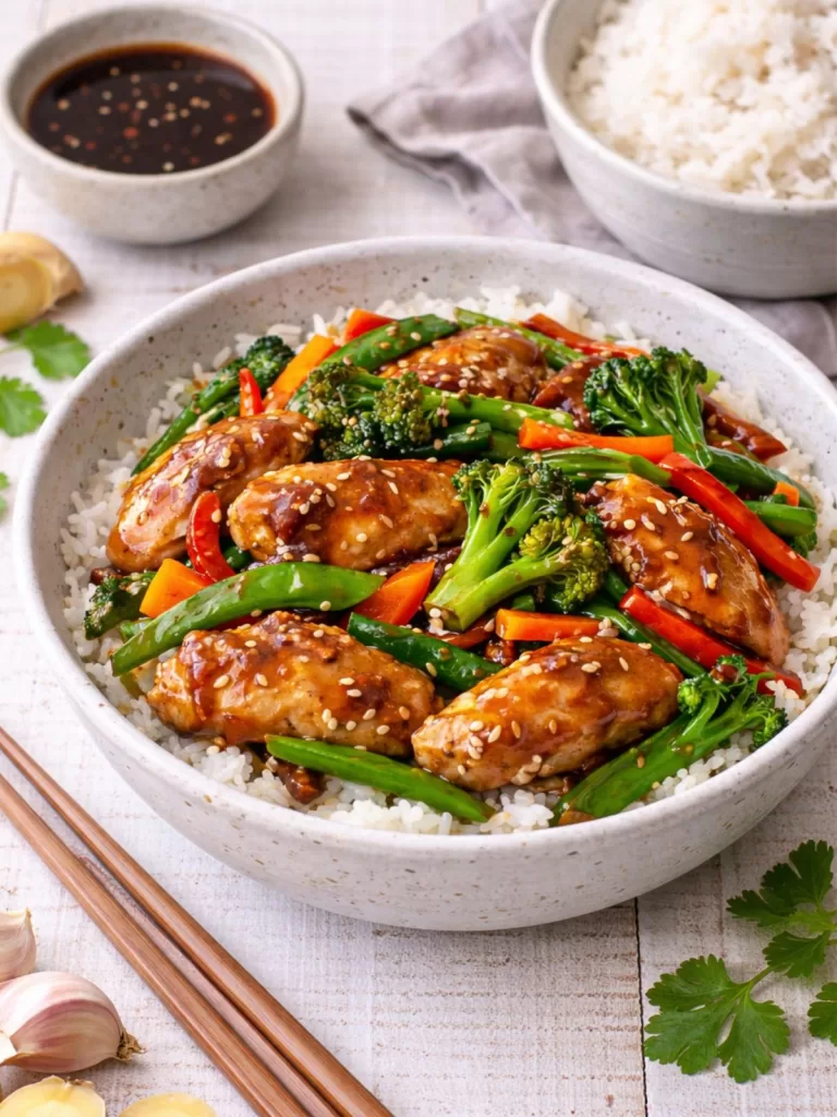 Hoisin honey chicken stir-fry with sesame seeds served over jasmine rice