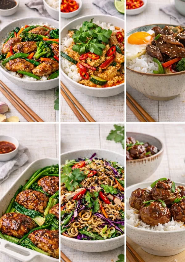 collage of six lazy inspired asian dinners