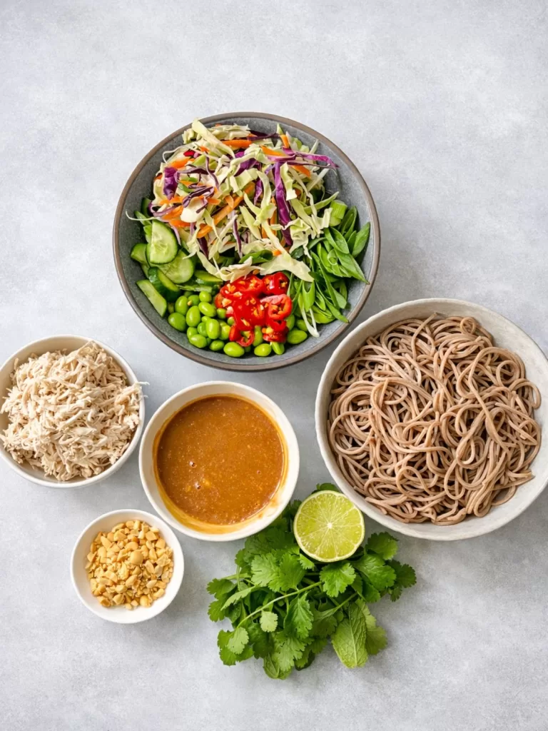 Ingredients for peanut chicken soba noodle salad arranged on a light grey background, including soba noodles, shredded chicken, coleslaw mix, edamame, chilli, herbs, lime and creamy peanut dressing.