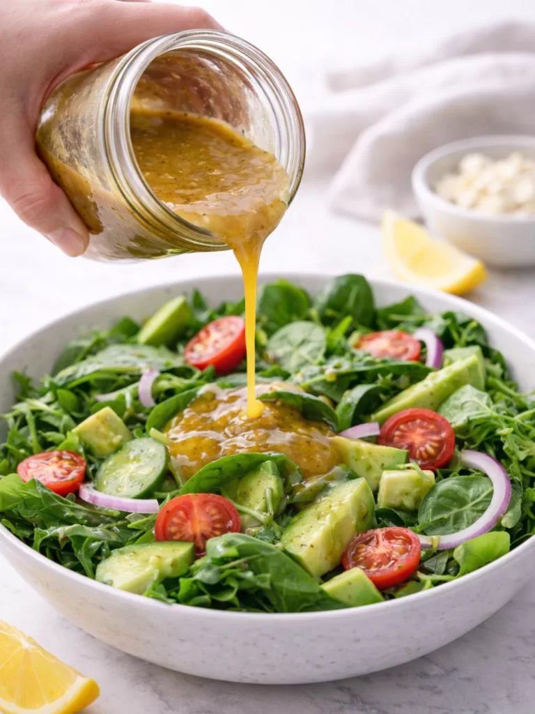 Honey mustard dressing being poured from a jar over a fresh green salad with avocado, cherry tomatoes, cucumber and red onion.