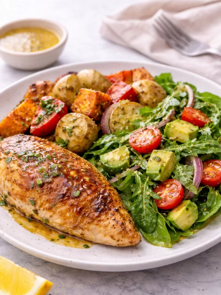 Dinner plate with roast chicken, golden potatoes and a fresh green salad with avocado and cherry tomatoes drizzled in honey mustard dressing.
