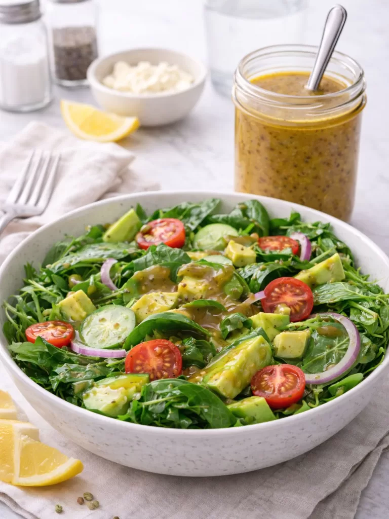 Green salad with avocado, cucumber and cherry tomatoes tossed in honey mustard dressing, served in a bowl with a jar of dressing on the table.