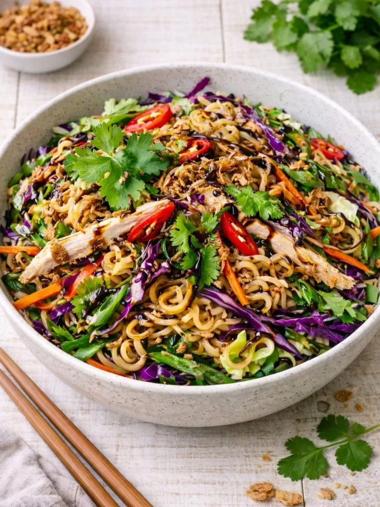 2 min satay chicken noodles in white bowl on white background with chopstick, herbs and fried shallots.