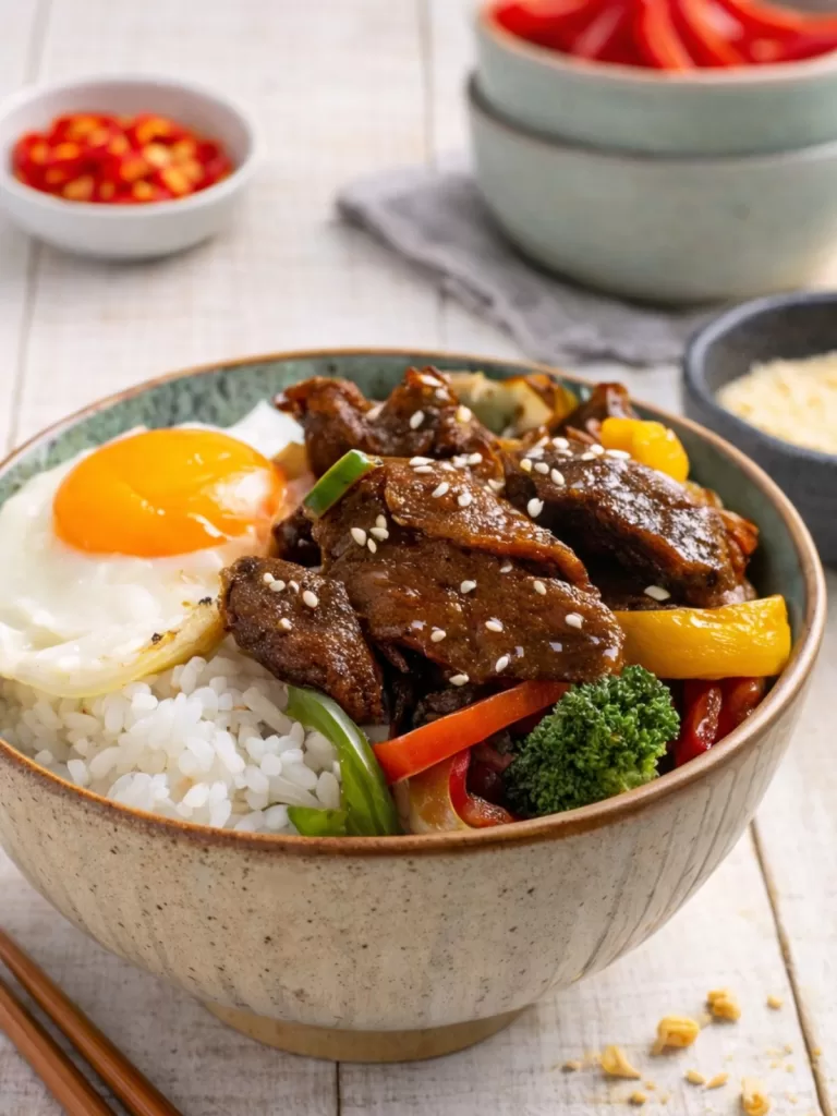 Teriyaki beef bowl with vegetables and fried egg on top