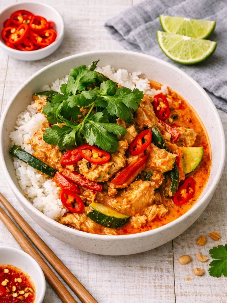 Creamy Thai red chicken curry with vegetable and rice in a white bowl, grey background.