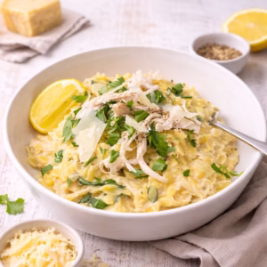 Creamy chicken risoni pasta made with rotisserie chicken, parmesan, spinach, and lemon in a white bowl on a light timber background