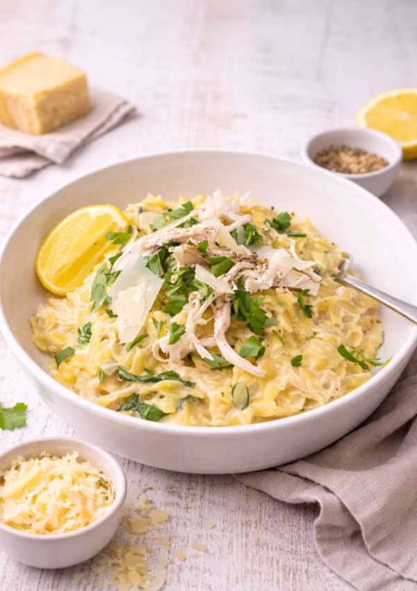Creamy chicken risoni pasta made with rotisserie chicken, parmesan, spinach, and lemon in a white bowl on a light timber background