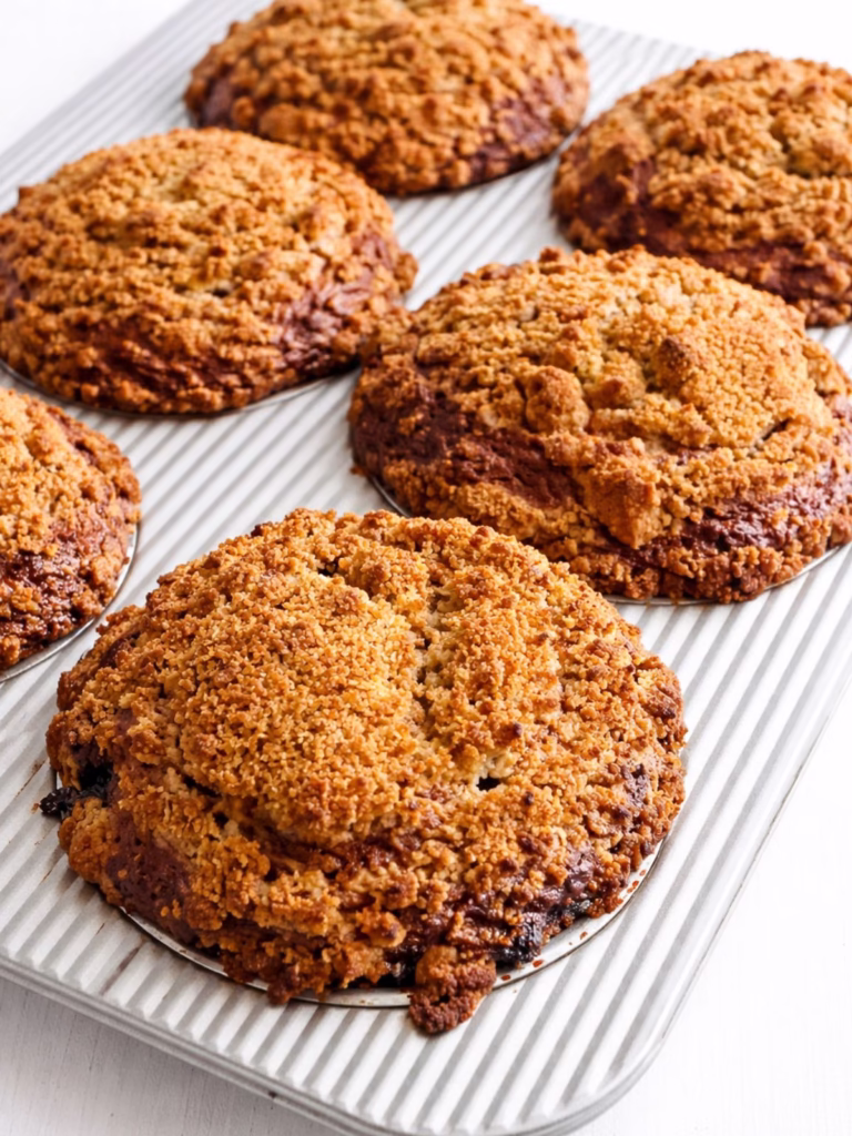 Freshly baked blueberry banana muffins in a silver muffin tin on a white timber surface
