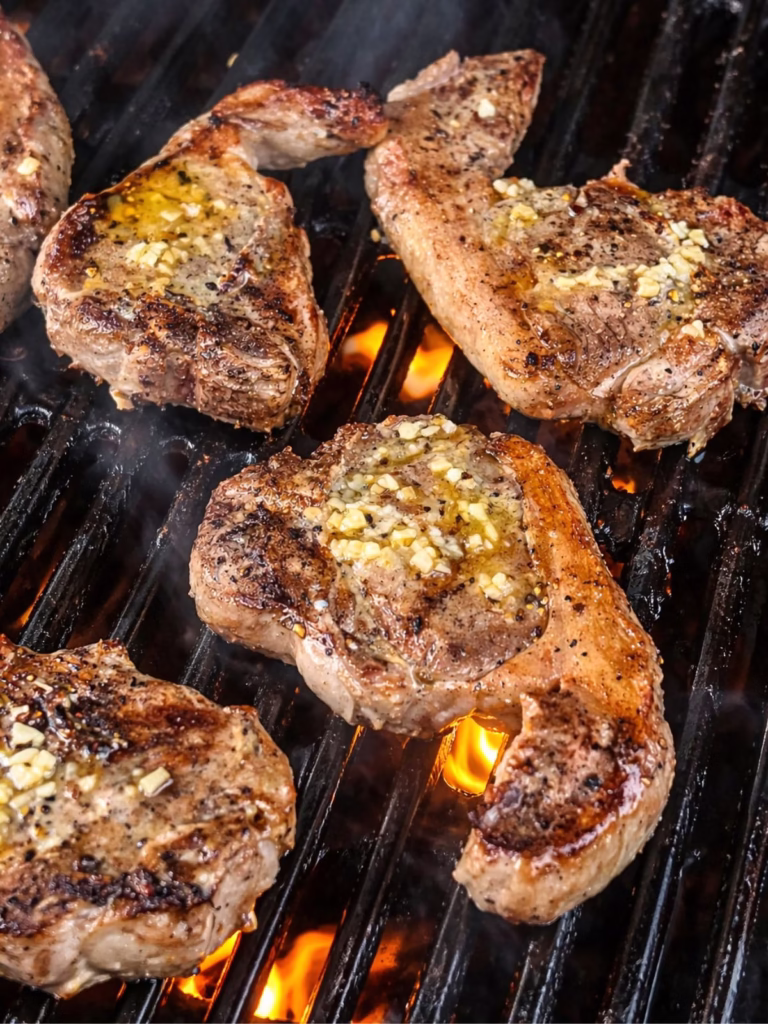 Lamb loin chops cooking on the BBQ with garlic butter