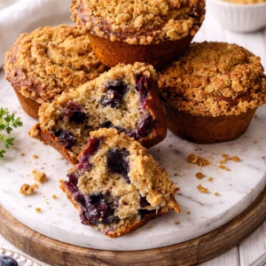 Blueberry banana crumble muffins on a marble board with a soft crumb and crunchy topping