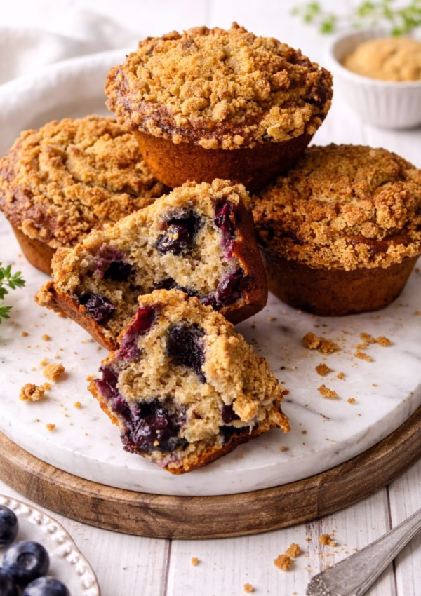 Blueberry banana crumble muffins on a marble board with a soft crumb and crunchy topping