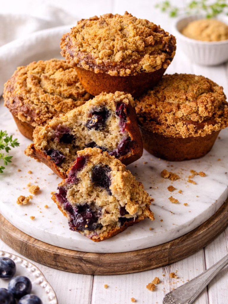 Blueberry banana crumble muffins on a marble board with a soft crumb and crunchy topping