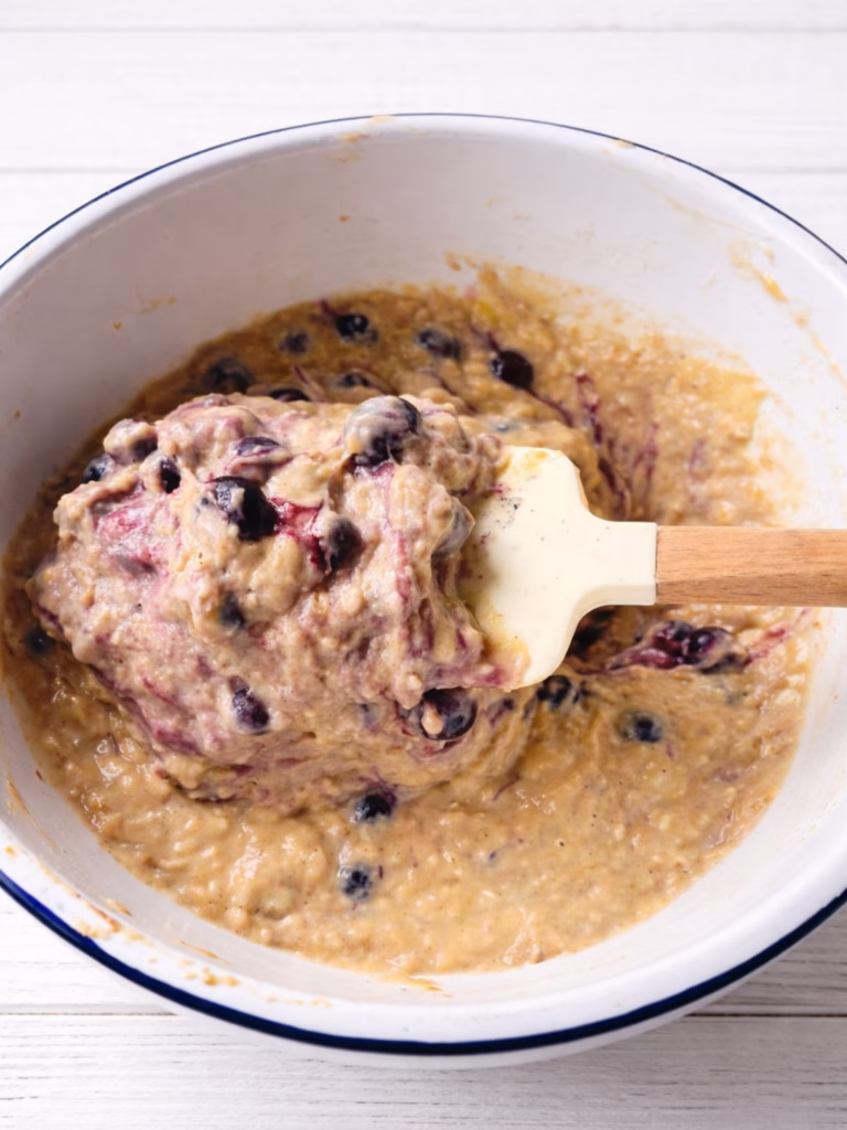 Thick blueberry banana muffin batter in a white bowl with visible blueberries on a spatula.