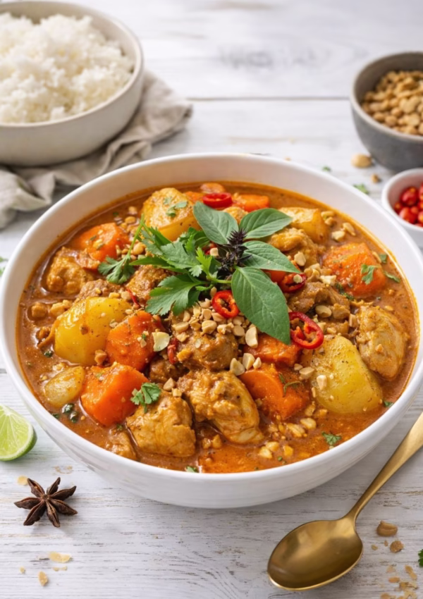 Chicken massaman curry with tender chicken, potatoes, and carrots in a rich coconut sauce, garnished with peanuts, chilli, and herbs, served in a white bowl on a white timber background in natural light