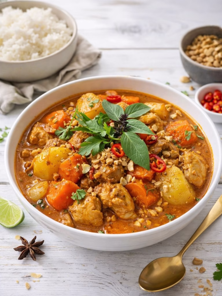 Chicken massaman curry with tender chicken, potatoes, and carrots in a rich coconut sauce, garnished with peanuts, chilli, and herbs, served in a white bowl on a white timber background in natural light