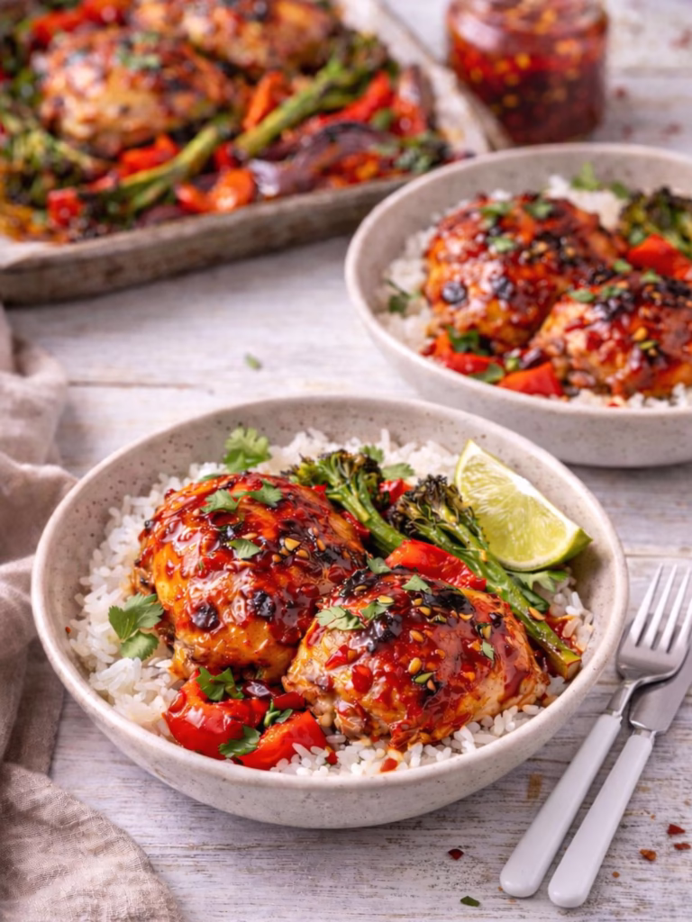 Sticky chilli jam chicken with rice and roasted vegetables, topped with coriander and lime, served in bowls with tray blurred behind.
