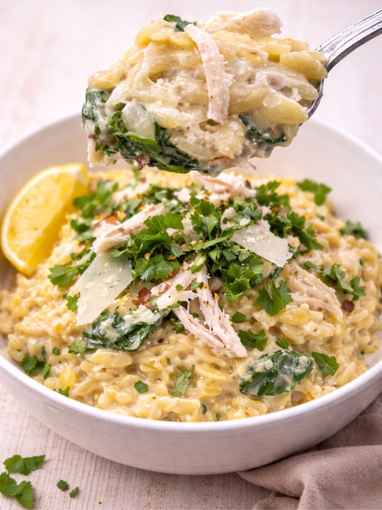 Fork lifting creamy chicken risoni with spinach and parmesan from a bowl on a white timber background