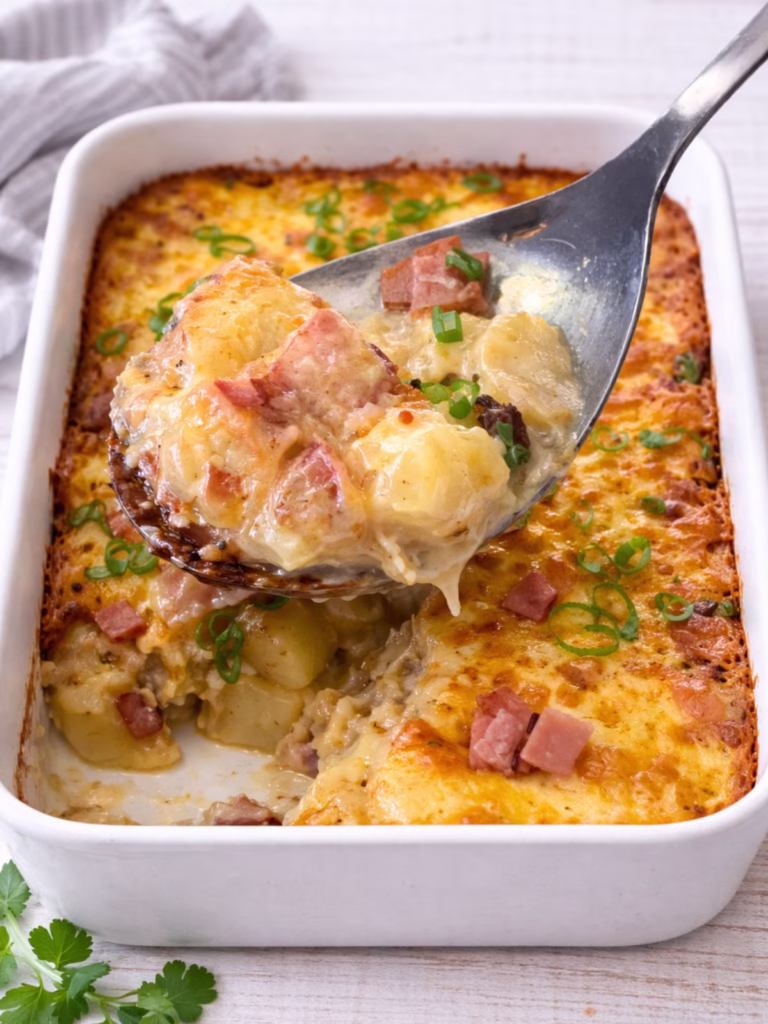 Spoon lifting creamy curried potato and bacon bake with melted cheese, potato cubes, and crispy bacon.