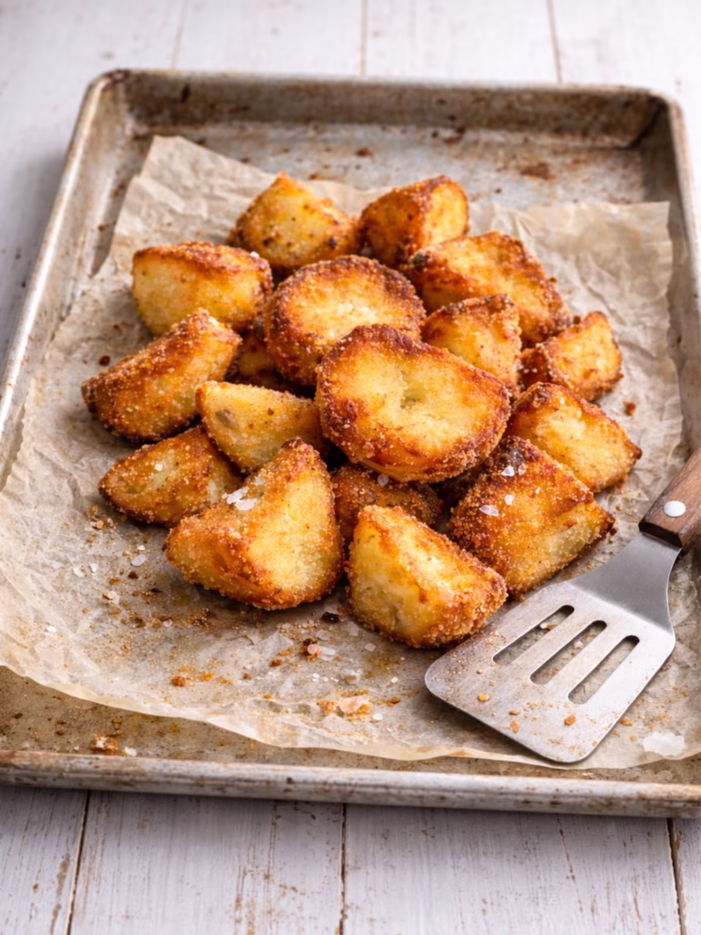 Crispy twice cooked semolina roast potatoes on a parchment lined baking tray with flaky sea salt and a metal spatula, set on a white timber table.