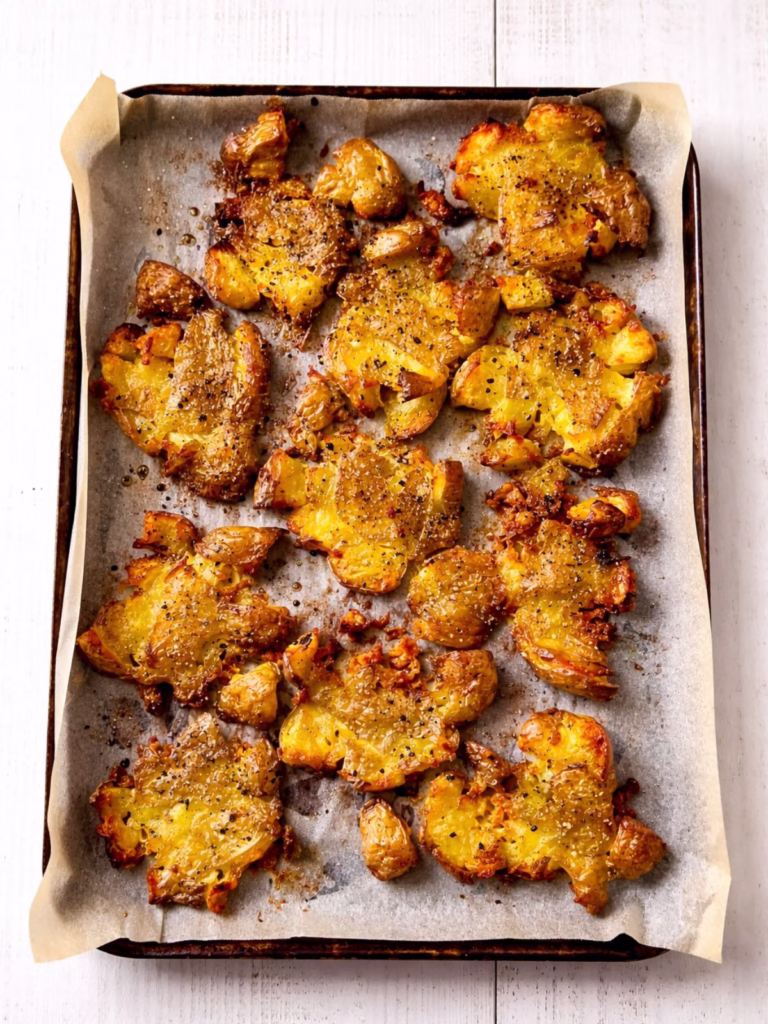 Crispy roasted smashed potatoes on a parchment lined baking tray with salt and pepper on a white timber background.