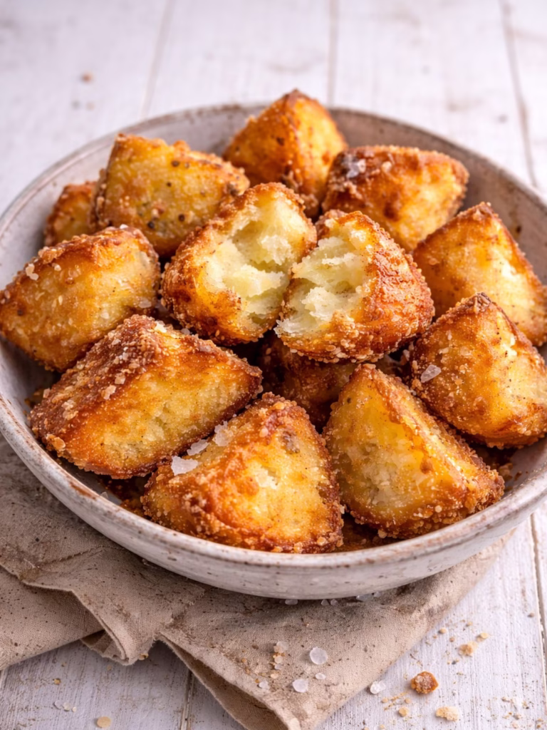 Bowl of crispy twice cooked semolina roast potatoes with one split open to show the soft fluffy centre, on a white timber table.