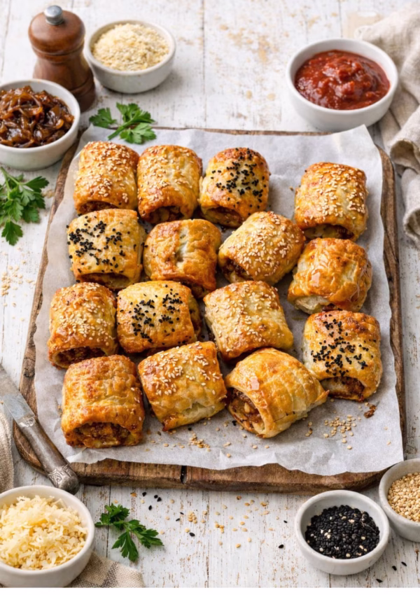 Golden puff pastry French onion sausage rolls with caramelised onions topped with sesame seeds on a wooden board with dipping sauce.