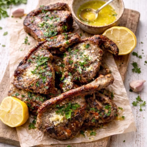 Garlic butter BBQ lamb loin chops served with lemon and parsley