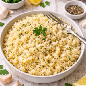 Garlic butter rice in a white bowl with parsley garnish and a fork.