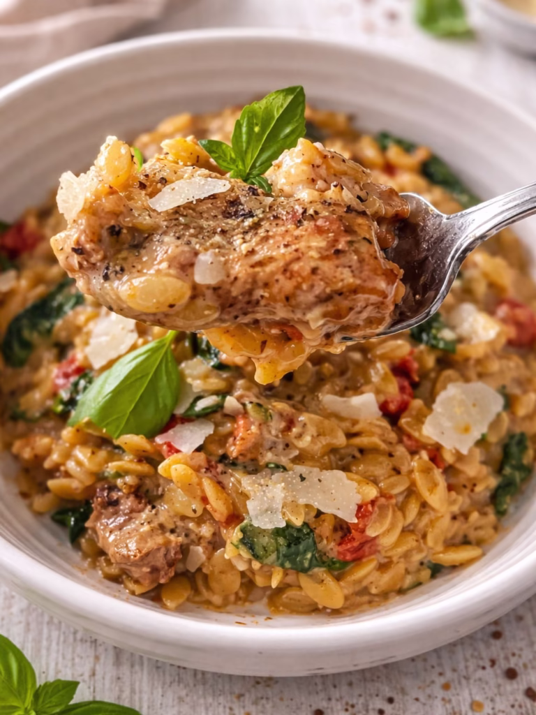 Forkful of creamy Marry Me Chicken Risoni with chicken, parmesan, spinach and sun dried tomatoes above a bowl of risoni