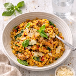 Creamy Marry Me Chicken Risoni in a bowl topped with parmesan, basil and sun dried tomatoes on a white timber table with a glass of water and bowl of parmesan
