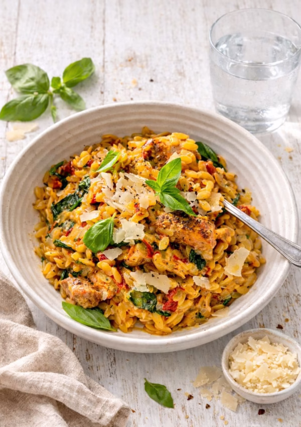 Creamy Marry Me Chicken Risoni in a bowl topped with parmesan, basil and sun dried tomatoes on a white timber table with a glass of water and bowl of parmesan