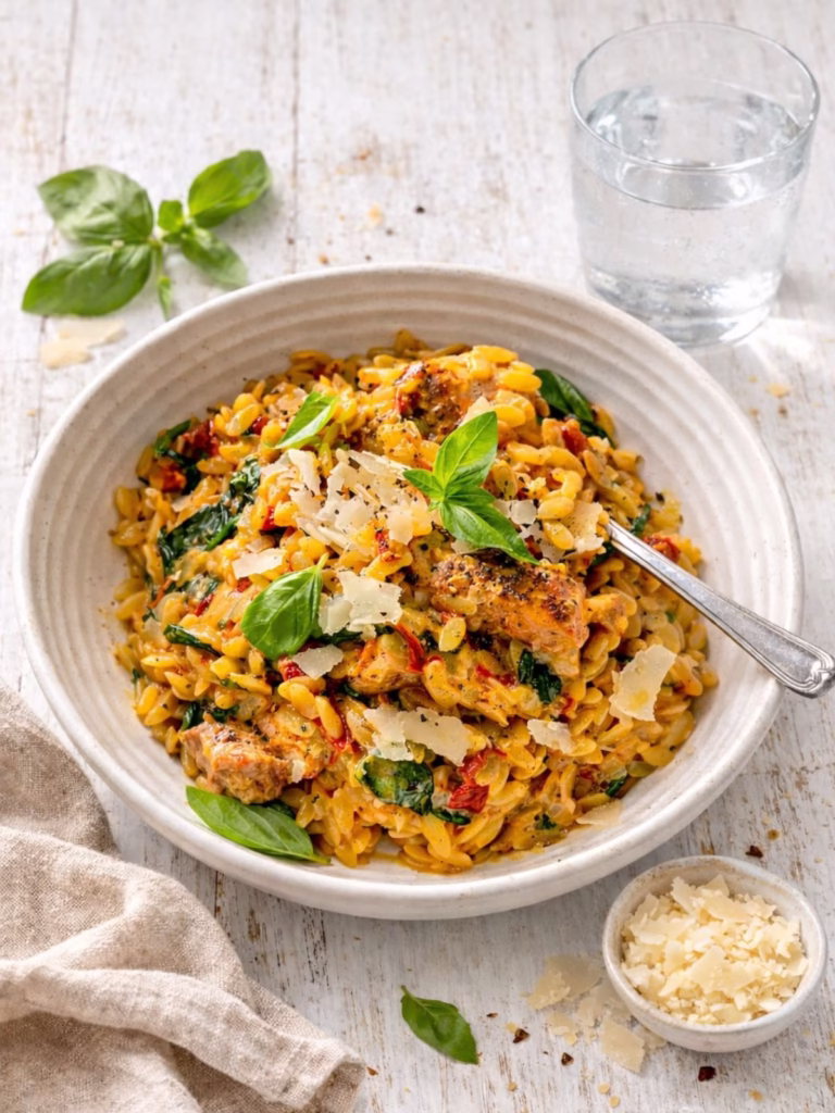 Creamy Marry Me Chicken Risoni in a bowl topped with parmesan, basil and sun dried tomatoes on a white timber table with a glass of water and bowl of parmesan